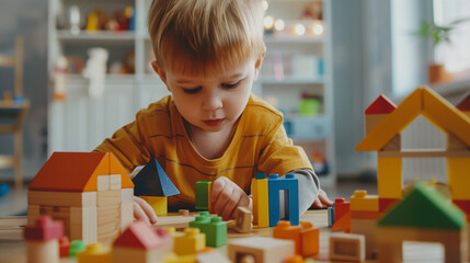 Little Boy Building Houses with Wooden and Plastic Blocks in a Playroom. Creative Play and Childhood Development Theme.