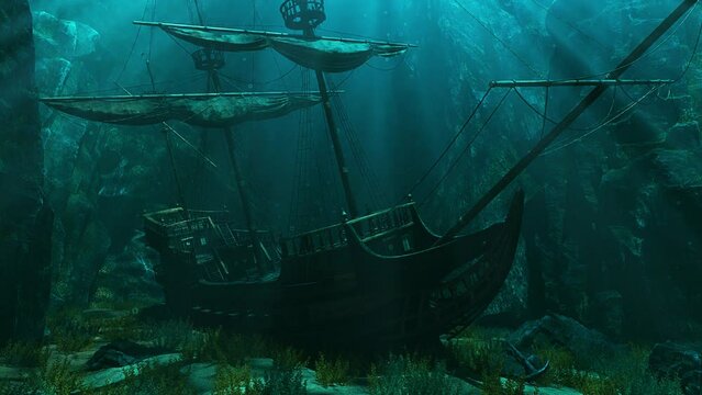 The Sunken Galleon of the Deep with Swimming Fish - Loop Underwater Landscape Background