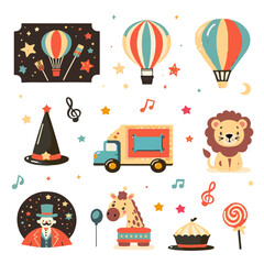 Vector illustration of cute and colorful circus animal set. Cute circus animals and clown character design.