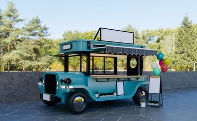 Vintage style Fast Food Vehicle. Catering Cart with empty menu board. 3d rendering