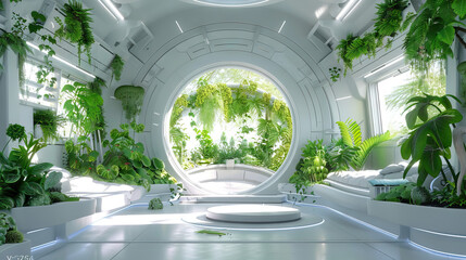Alien Spaceship Interior Set with Futuristic Technology, Alien Life Forms, and Exotic Plants. Concept of Extraterrestrial Encounters.