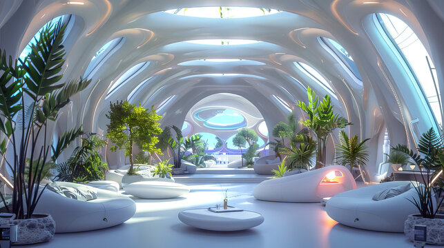 Alien Spaceship Interior Set with Futuristic Technology, Alien Life Forms, and Exotic Plants. Concept of Extraterrestrial Encounters.