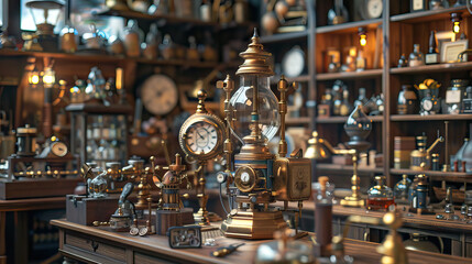Time Travel Laboratory Set with Vintage Time Machines, Steampunk Gadgets, and Historical Artifacts. Concept of Time Travel Adventures - obrazy, fototapety, plakaty