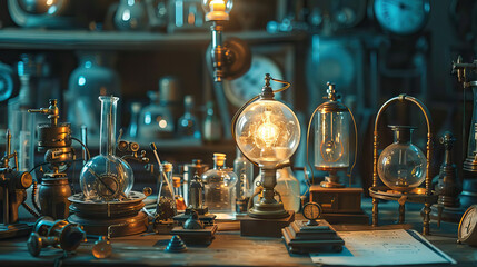 Time Travel Laboratory Set with Vintage Time Machines, Steampunk Gadgets, and Historical Artifacts. Concept of Time Travel Adventures - obrazy, fototapety, plakaty