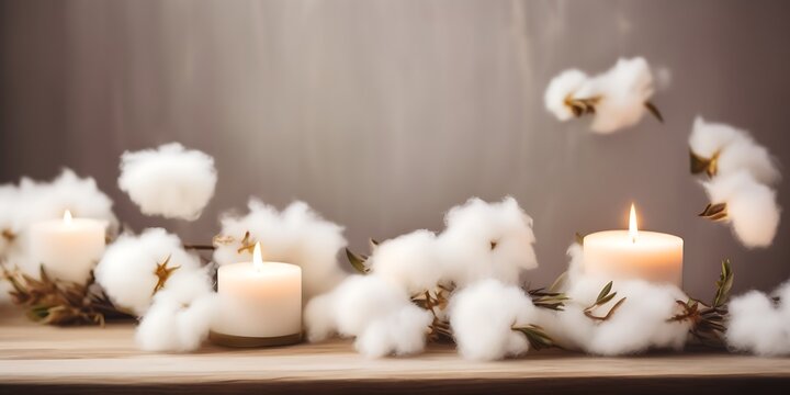 A table with cotton flowers and aroma candles