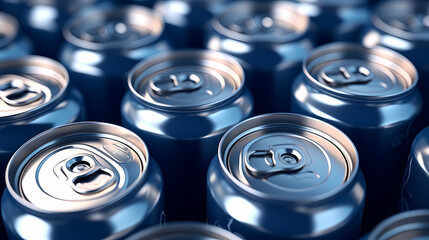 Horizontal shot of carbonated drink cans on light background, mockup template