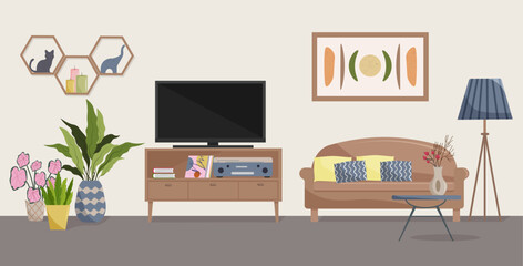 Living room interior with sofas and TV. Side table and floor lamp, personal accessories coffee table with vase, painting and plants. Vector flat illustration.
