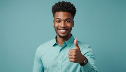 A smiling man in a teal shirt gives a thumbs up, his demeanor confident and friendly. - obrazy, fototapety, plakaty