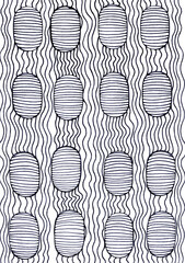 Drawing of ovals and wavy lines in black ink on white paper