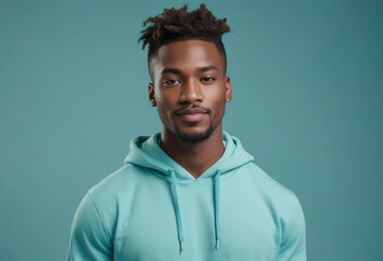 Young man in a teal hoodie with a relaxed expression, his hairstyle adding to the urban style.