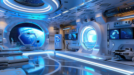 Sci-Fi Space Station Set with Futuristic Technology, Zero Gravity Rooms, and Alien Artifacts. Concept of Space Exploration and Discovery