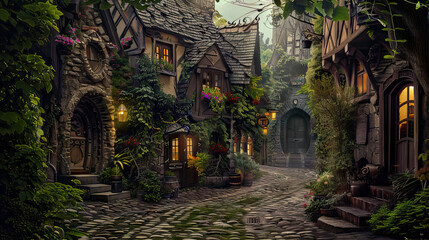 Fantasy Village Set with Whimsical Houses, Cobblestone Streets, and Magical Lighting. Concept of Fairy Tales and Imagination