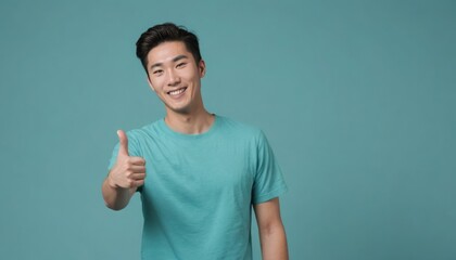 A friendly man in a turquoise t-shirt gives a thumbs up, with a relaxed and happy demeanor. - obrazy, fototapety, plakaty