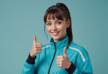 Athletic woman in a tracksuit giving double thumbs up. Her ponytail and smile reflect a sporty, active lifestyle.