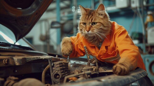 A cat mechanic repairs a car in a car service station using tools