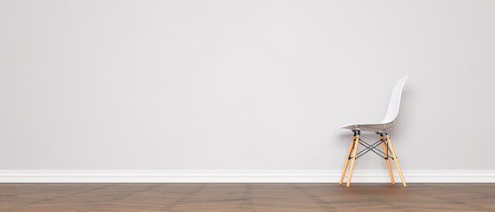 White chair with wooden legs, in a lateral position, close to a wall, on a parquet floor. Place for text, mockup, copy space. Minimal concept. 3d illustration. - obrazy, fototapety, plakaty