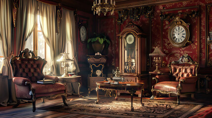 Victorian Parlor Set with Antique Furniture, Grandfather Clock, and Oil Lamps. Concept of Elegant Living and Historical Charm