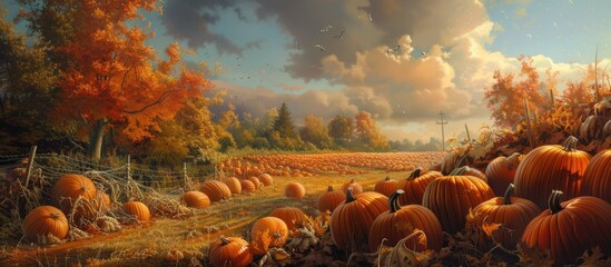 A painting depicting a pumpkin patch filled with an abundance of vibrant pumpkins in an autumn field. - obrazy, fototapety, plakaty