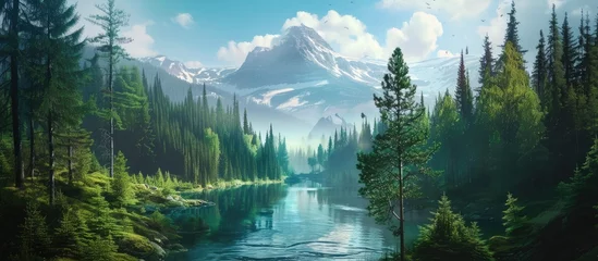 Fotobehang A painting depicting a stunning mountain lake embraced by a dense evergreen forest on each side. The tranquil scene captures the beauty of nature with a serene river flowing through the landscape. © 2rogan
