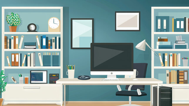 Home Office Set with Desk, Computer, and Bookshelves. Concept of Work-Life Balance and Family Responsibilities
