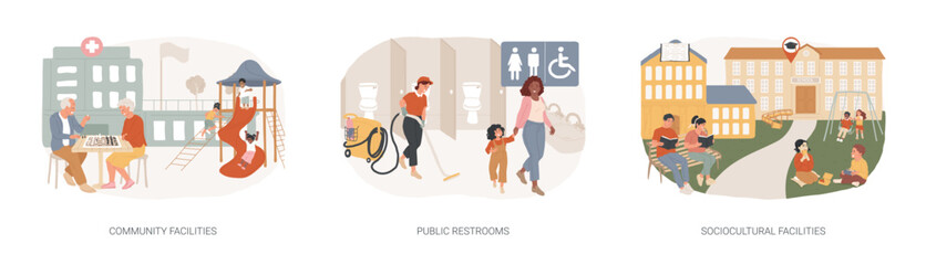 Public places isolated concept vector illustration set. Community facilities, public restrooms, sociocultural infrastructure, cleaning and hygiene, health centre, school building vector concept.