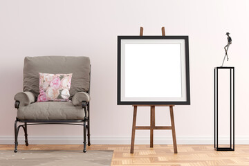 Easel wooden photo display holder stand, next to sofa and wooden stand with matte vase