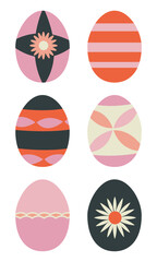Set of beautiful Easter eggs with different patterns in pink, red and dark blue color palette