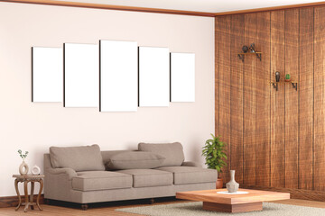 Five split canvas prints panel frames in modern living room with sofa and wooden wall
