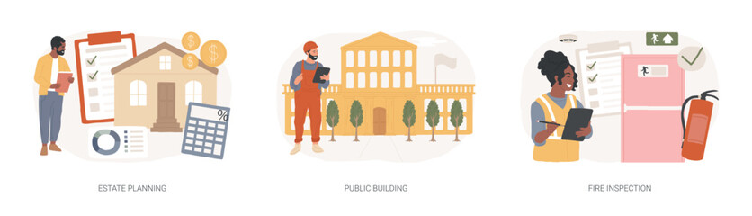 Building maintenance isolated concept vector illustration set. Estate planning, public building, fire inspection, modern design, attorney advise, certification and requirements vector concept.