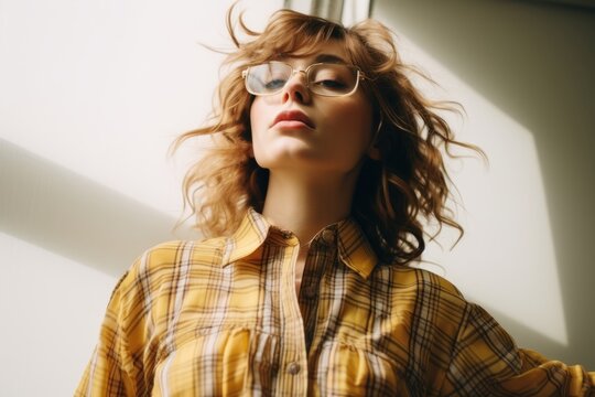 Fashionable young woman in glasses and a plaid shirt on the windowsill