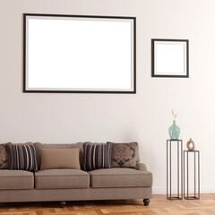 modern living room with brown sofa, dak frames, hollow vase and metal stand
