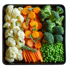 A baking tray with steamed broccoli, cauliflower, carrots and green peas. An isolated image for menus, recipe websites, and promoting balanced and colorful meals.