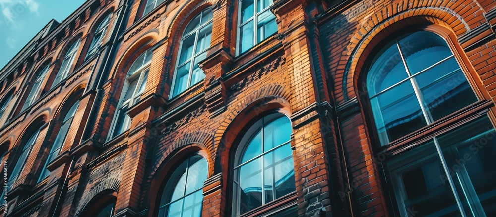 Poster a tall brick building featuring a multitude of large windows, creating a striking architectural pres