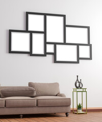 collage photo frame in modern living room with sofa and decorations