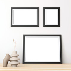 multiple dark matte picture frames next to hollow ceramic vase and ring vase
