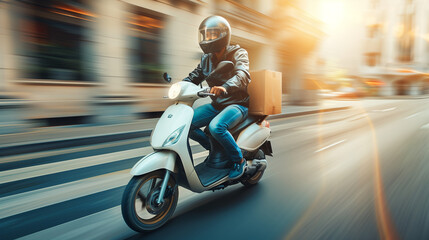 Fast Delivery Service Driver Riding a Motorbike and Delivering a Package on the Back with a Blurred Background