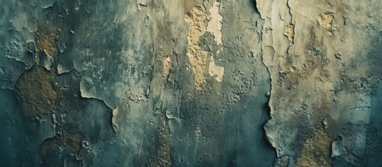 A detailed view of a concrete wall with peeling paint, showing the layers of plaster and texture underneath. - obrazy, fototapety, plakaty