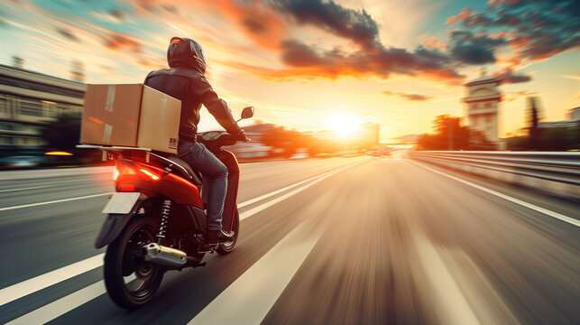 Fast Delivery Service Driver Riding a Motorbike and Delivering a Package on the Back with a Blurred Background