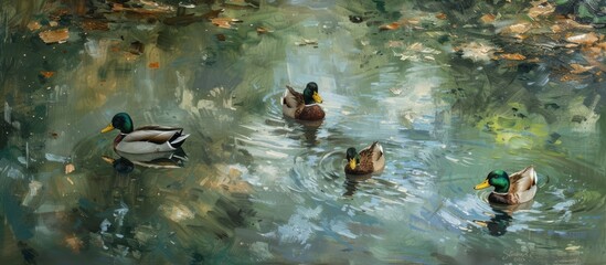 The painting depicts a group of ducks swimming and diving in a pond. The ducks are actively moving through the water, creating ripples and waves as they swim.
