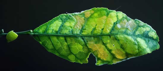 This close-up view showcases a green citrus leaf, with visible deformities caused by the Citrus Leaf Miner, set against a stark black background. The intricate details of the leafs veins and the - obrazy, fototapety, plakaty