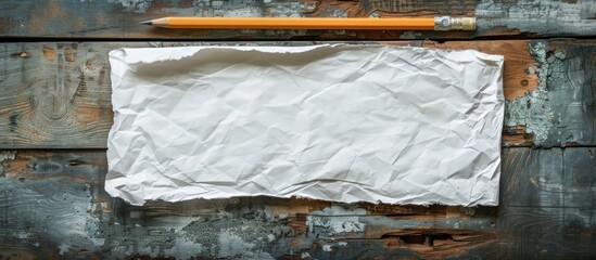 A close-up view of a piece of paper placed on a wooden table, with a pencil resting on top of it. The paper features creative handiwork in the form of a white rectangle, against a textured wood
