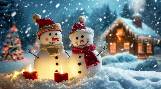 Cheerful Snowman Duo: Spreading Joy in a Winter Wonderland Seamless looping 4k time-lapse virtual video animation background. Generated AI