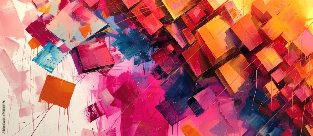 Poster This abstract painting features a dynamic composition of colorful squares and rectangles, creating a vibrant and intense visual experience. The blocks are arranged in a bold and energetic manner