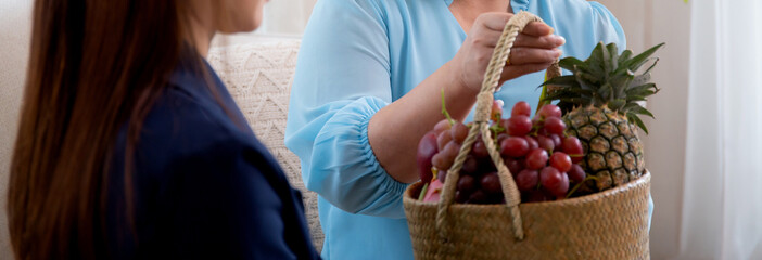 Young asian woman agent insurance visit customer elderly while giving fruit basket in the living...