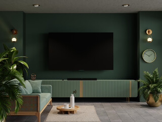 Green wall mounted tv on cabinet in living room with green sofa and decor accessories,minimal design - 746868609