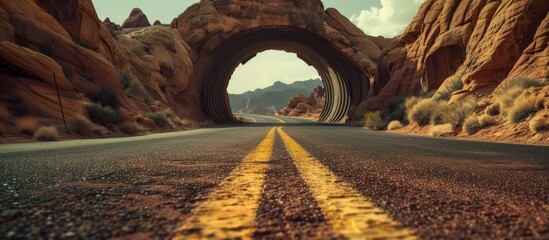 A road leads through a tunnel in the desert landscape, creating a pathway for vehicles to travel through the arid terrain.
