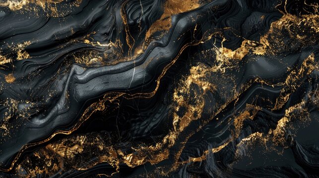 Abstract ocean- ART. Natural Luxury. Style incorporates the swirls of marble or the ripples of agate. Very beautiful black paint with the addition of gold powder - generative ai