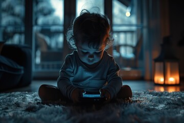 Child playing on a smartphone at night - obrazy, fototapety, plakaty