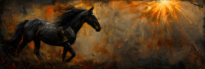 A black horse running in the forest in the style of mystic symbolism silver and amber,
Blazing Fire horse in night forest. Fog 

