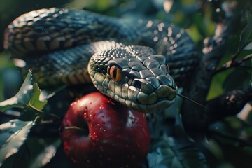 Snake and forbidden apple fruit in biblical garden